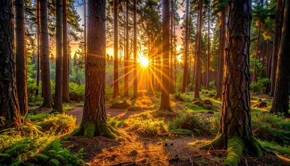 Fototapeta premium Sunlight bursts through tall trees in a lush forest, casting long shadows on the mossy ground in a woodland scene
