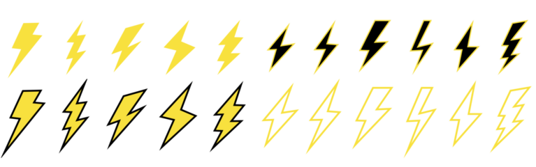 Yellow lightning bolt icons. Electric strike and blitz speed logo, thunderbolt flash storm, volt power symbols. Vector isolated set