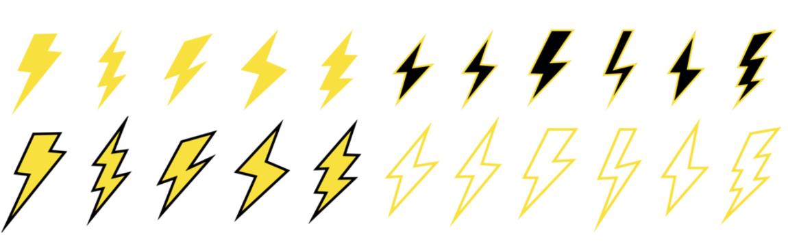 Yellow lightning bolt icons. Electric strike and blitz speed logo, thunderbolt flash storm, volt power symbols. Vector isolated set