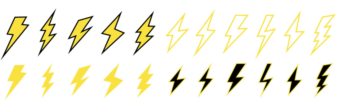 yellow grass on white background, Yellow lightning bolt icons. Electric strike and blitz speed logo, thunderbolt flash storm, volt power symbols. Vector isolated set