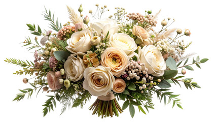 A lush bouquet of roses and other flora, in varying shades of cream and pink