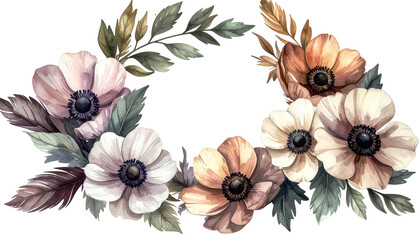Watercolor floral wreath with various anemone flowers and foliage