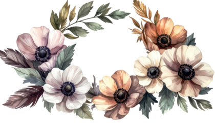 Watercolor floral wreath with various anemone flowers and foliage