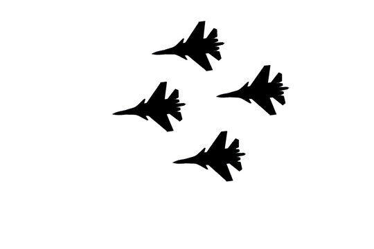 Black silhouettes of four Su-30 aircraft flying in a "Rhombus" formation on a transparent background.