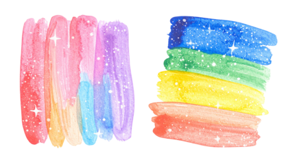 Two watercolor rainbow brushstrokes with glitter against a black background
