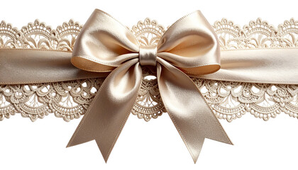 Close-up of a satin bow centered over an ivory lace border