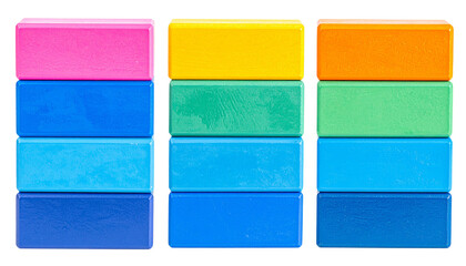 Stacked, rectangular, vibrantly-colored blocks arranged in three columns