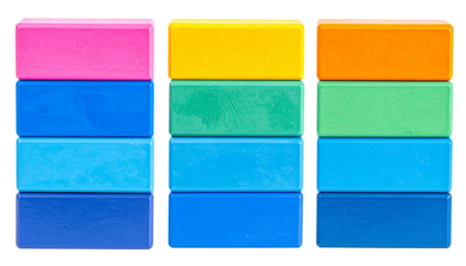 Stacked, rectangular, vibrantly-colored blocks arranged in three columns