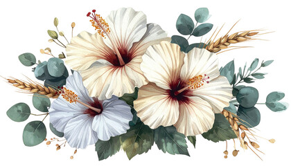 Watercolor cluster of three hibiscus flowers, greens, and wheat