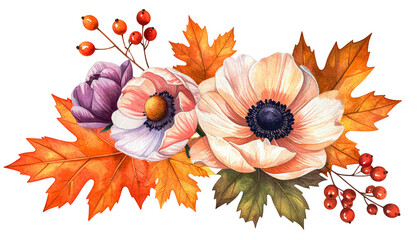 Watercolor floral arrangement with vibrant leaves and colorful blooms (1)