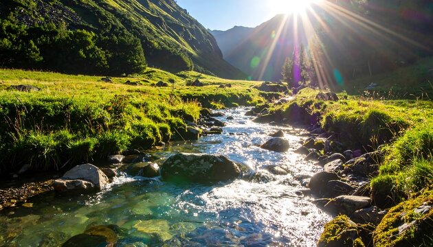 Sun-drenched mountain stream flowing between verdant slopes under a clear sky, sparkling with natural light