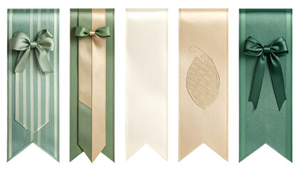 Five decorative satin ribbons with bows and a leaf design on various colors