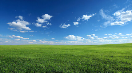 Obraz premium Vast green field under a bright blue sky dotted with fluffy clouds, symbolizing nature's beauty and tranquility.