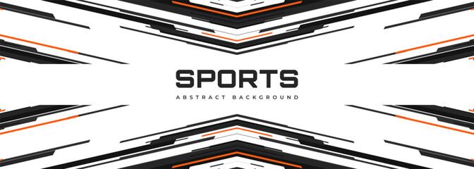 White modern sports banner design with black and orange futuristic arrows and angles. Technology vector illustration
