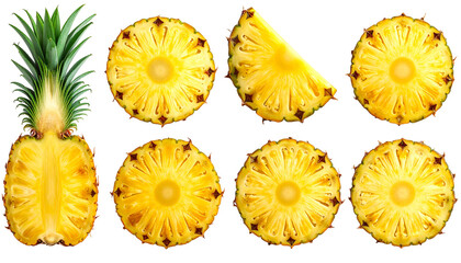 Pineapple cut into slices showing its bright yellow flesh and green crown