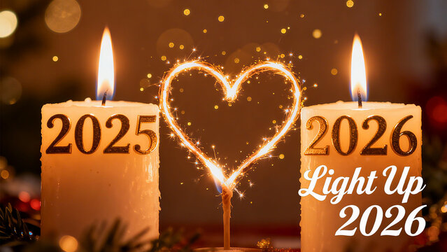 Candles and sparks of love elements, the concept of New Year warmth, time inheritance, and hope lighting, suitable for New Year family activities and warm New Year's Eve promotional materials.
