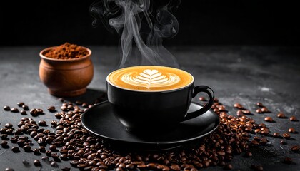 Steaming latte art in a black mug, surrounded by coffee beans and ground coffee on a textured dark surface