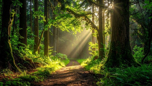Sunlit forest path, trees towering over ferns. Green foliage glows in light beams. Serene, peaceful walk - Powered by Adobe