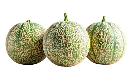 Three ripe, textured green melons with stems, isolated on a stark black background
