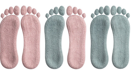 Three pairs of textured footprints, each in a different pastel color, side-by-side
