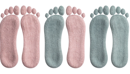 Three pairs of textured footprints, each in a different pastel color, side-by-side