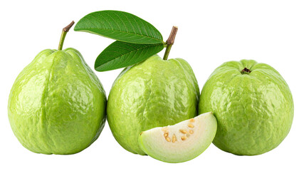 Three green fruits with stems and leaves, one sliced, against a black backdrop