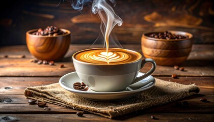 Steaming latte art in a cup, with coffee beans in wooden bowls, rests on a burlap cloth & rustic wooden table
