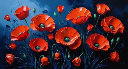 Colorful poppy-like flowers in oil paint. Pink, orange, white, and blue hues with thick, loose brushstrokes. Impressionistic floral art on a soft, painterly background. Wallart, banner