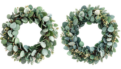 Two circular green wreaths made of eucalyptus and small yellow buds