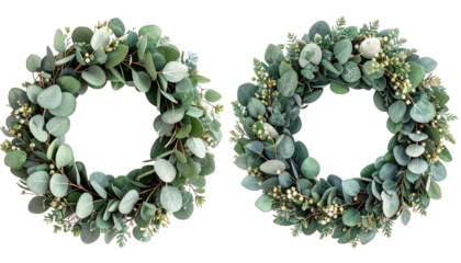 Two circular green wreaths made of eucalyptus and small yellow buds