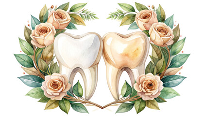 Watercolor illustration of two teeth, one bright, surrounded by floral wreath