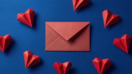 Romantic Origami Envelope With Red Paper Hearts On Blue Background, Ideal Stock Photo For Valentine&rsquo;s Day, Love, Gifts, And Friendship Themes