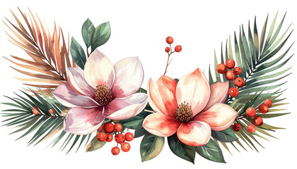 Watercolor floral arrangement with magnolias, berries, and greenery, on black