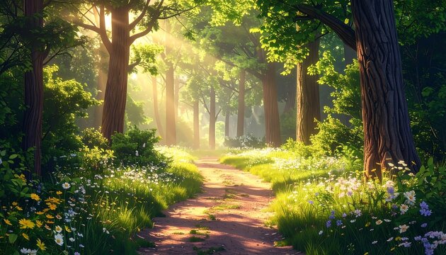 Sunlit forest path with wildflowers. Lush foliage and rays of light enhance the woodland serenity