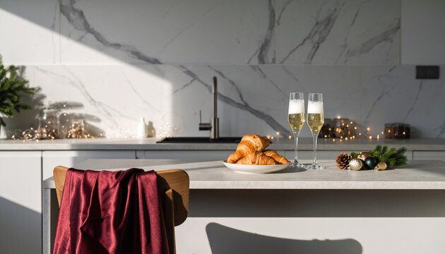 cucina minimalista con croissant, spumante e addobbi natalizi - Minimalist Christmas Breakfast with Croissants Champagne & Festive D&eacute;cor