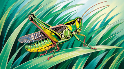 A detailed illustration of a grasshopper in a stylized nature scene. The grasshopper has a detailed green and yellow segmented body with intricate patterns and textures