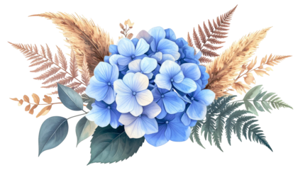 A vibrant blue hydrangea centerpiece with dried foliage against a black background