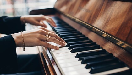 Close-up of elegant hands playing a classical wooden piano, creating beautiful music.