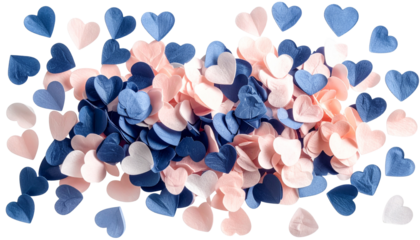 Top-down view of scattered paper hearts in pink, blue, and white hues