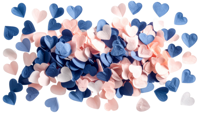 Top-down view of scattered paper hearts in pink, blue, and white hues