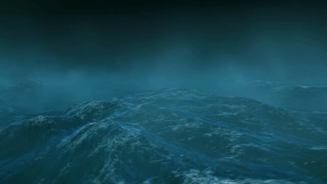 Stormy ocean at night, towering waves massive dark sea under low clouds, churning surf and foam, mist rising