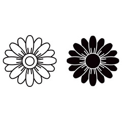 Icon of two daisies, one in outline and the other in solid black
