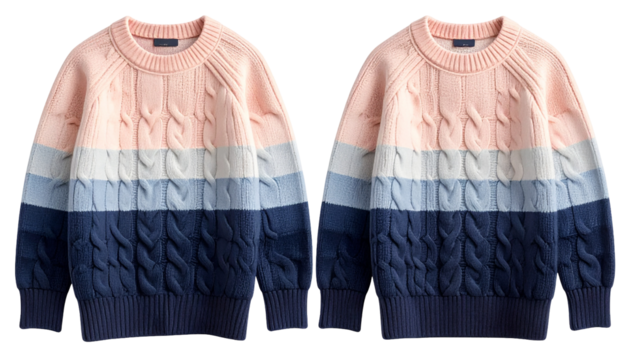 Two identical cable-knit sweaters in a gradient of pink, blue, and navy