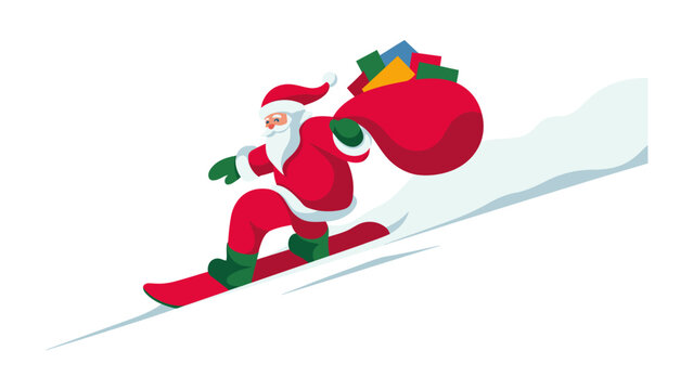 Santa's Snowy Descent: Santa Claus, filled with Christmas cheer, effortlessly snowboards down a snow-covered slope, his red sack overflowing with festive gifts.