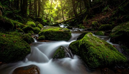 Sunlit forest stream cascades over mossy rocks. Long exposure creates smooth water effect. Dense forest backdrop