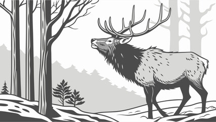 Majestic Elk Standing in Snowy Winter Forest. Black and White Wildlife Illustration for Outdoor Adventure, Nature Conservation, and Seasonal Marketing.