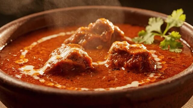 A close-up view of a steaming Indian curry dish with meat pieces in a brown bowl