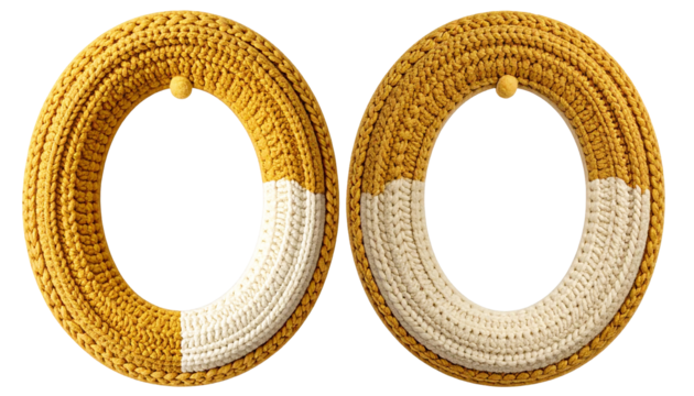 Two crocheted rings with color gradient, hanging with yellow button - Powered by Adobe