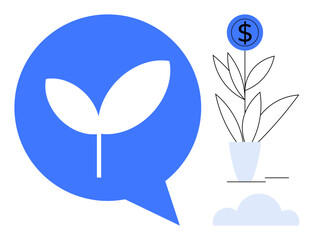 Leaf inside speech bubble and potted plant with dollar sign emphasize growth, communication, and financial potential. Ideal for finance, sustainability, innovation, development, success, investment