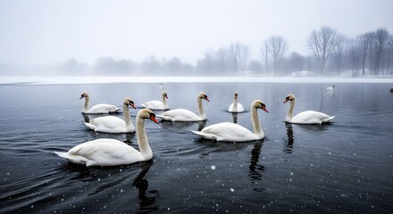 Graceful white swans elegantly positioned on pristine frozen winter lake surface surrounded by snow-covered landscape and misty atmospheric conditions, creating a serene and peaceful wildlife scene sh